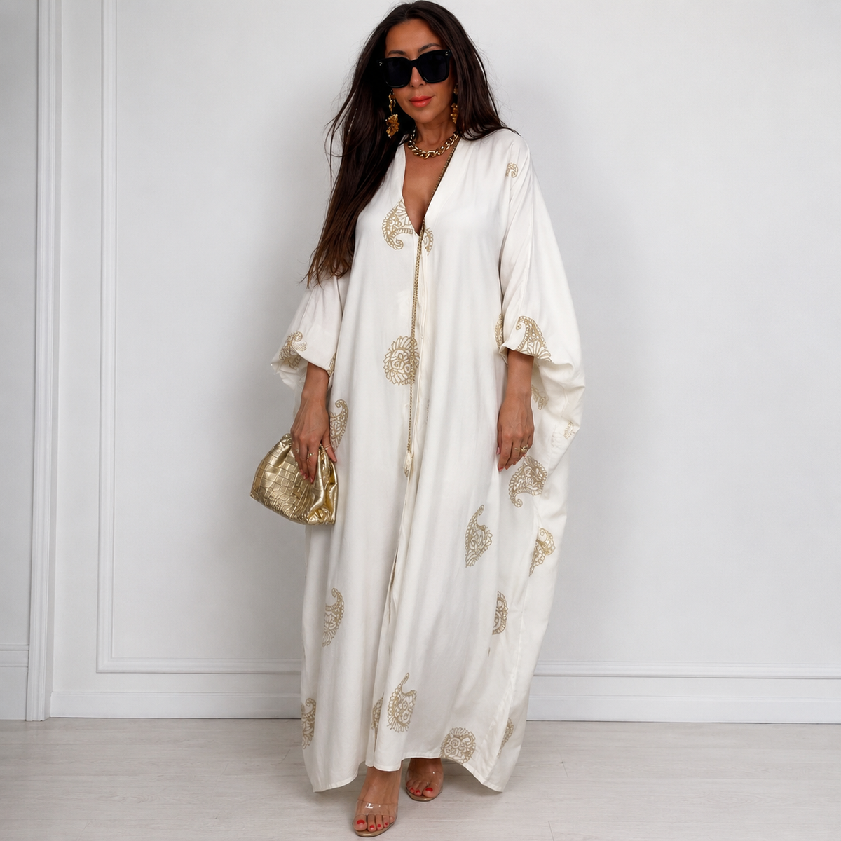 Robe Kaftan Longue Brodée à Motifs Cachemire