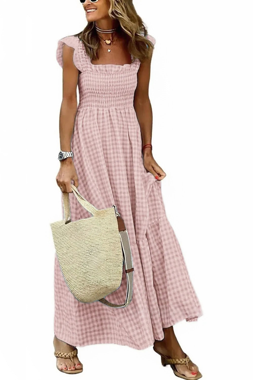 Robe Longue Vichy à Bretelles Volantées Bustier Smocké