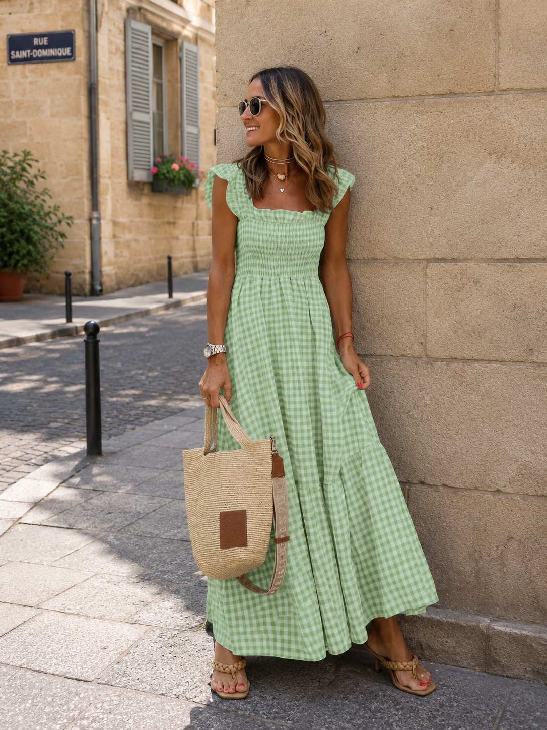 Robe Longue Vichy à Bretelles Volantées Bustier Smocké