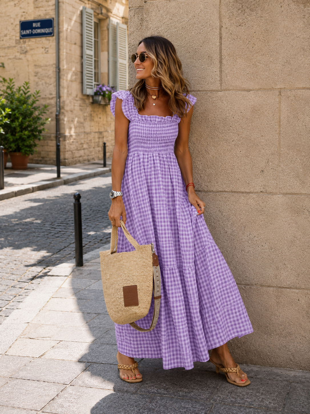 Robe Longue Vichy à Bretelles Volantées Bustier Smocké