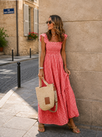Robe Longue Vichy à Bretelles Volantées Bustier Smocké