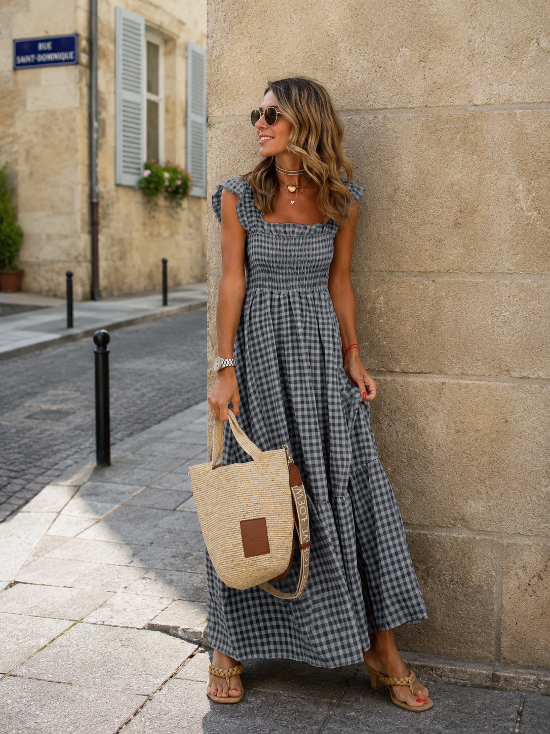 Robe Longue Vichy à Bretelles Volantées Bustier Smocké