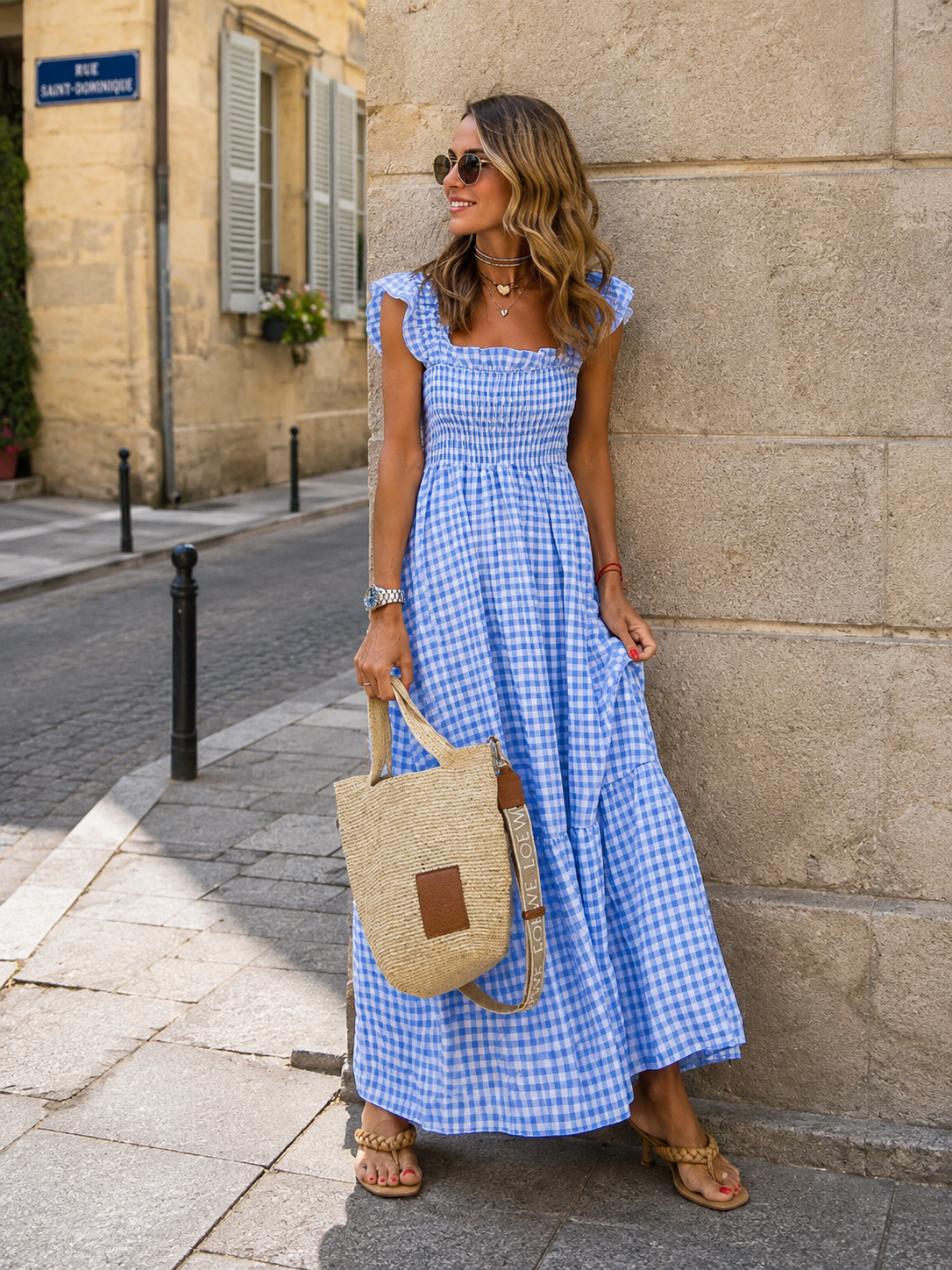 Robe Longue Vichy à Bretelles Volantées Bustier Smocké