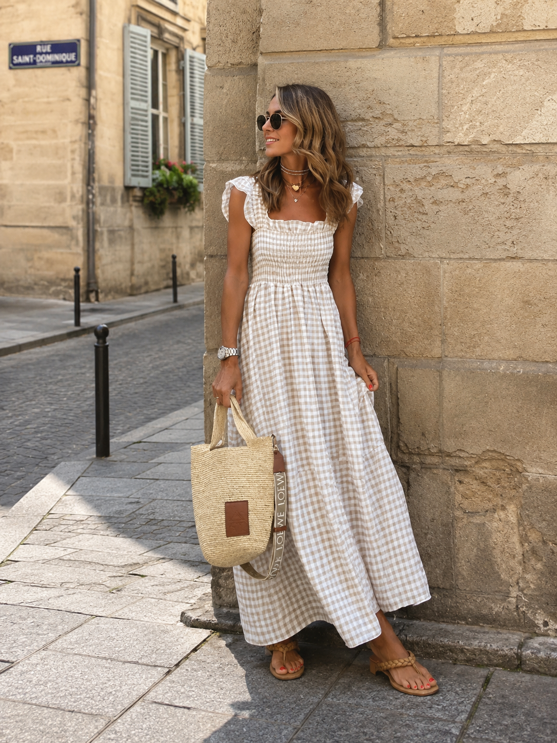 Robe Longue Vichy à Bretelles Volantées Bustier Smocké