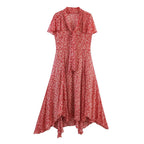 Robe Midi Fleurie Rouge à Col Noué Manches Volantées