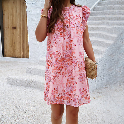 Robe Courte Fleurie Rose à Col Montant Manches Volantées