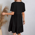 Robe Courte à Col V et Volants Fluide Décontractée