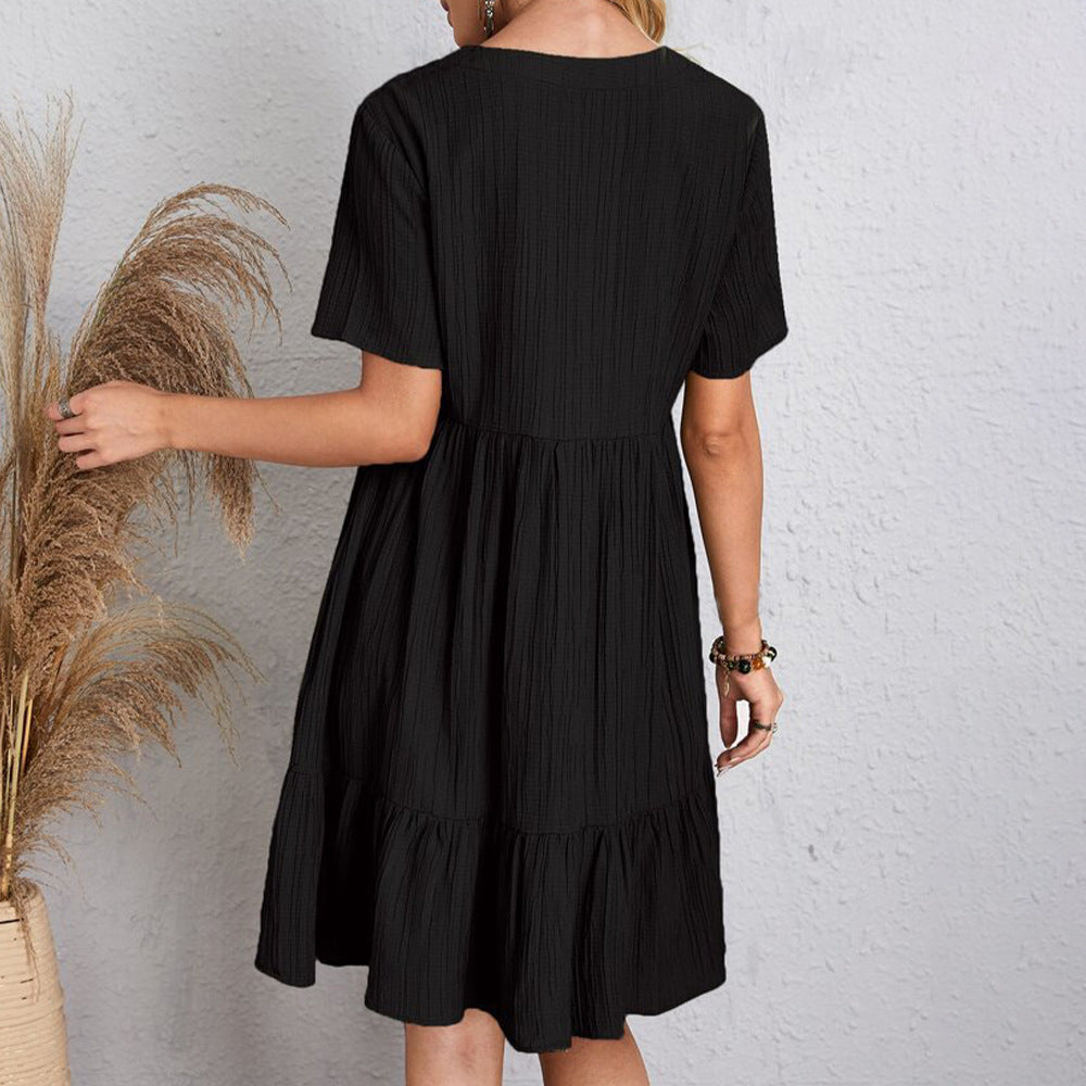 Robe Courte à Col V et Volants Fluide Décontractée