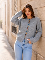 Cardigan en Maille Douce à Boutons Colorés Col Rond