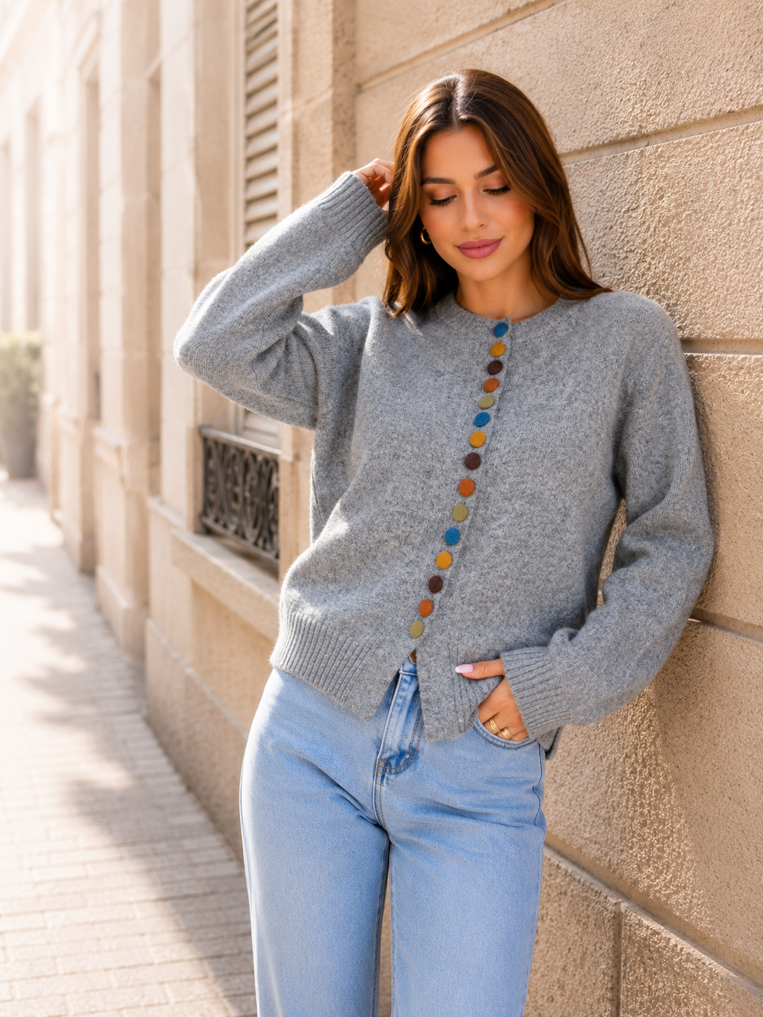 Cardigan en Maille Douce à Boutons Colorés Col Rond