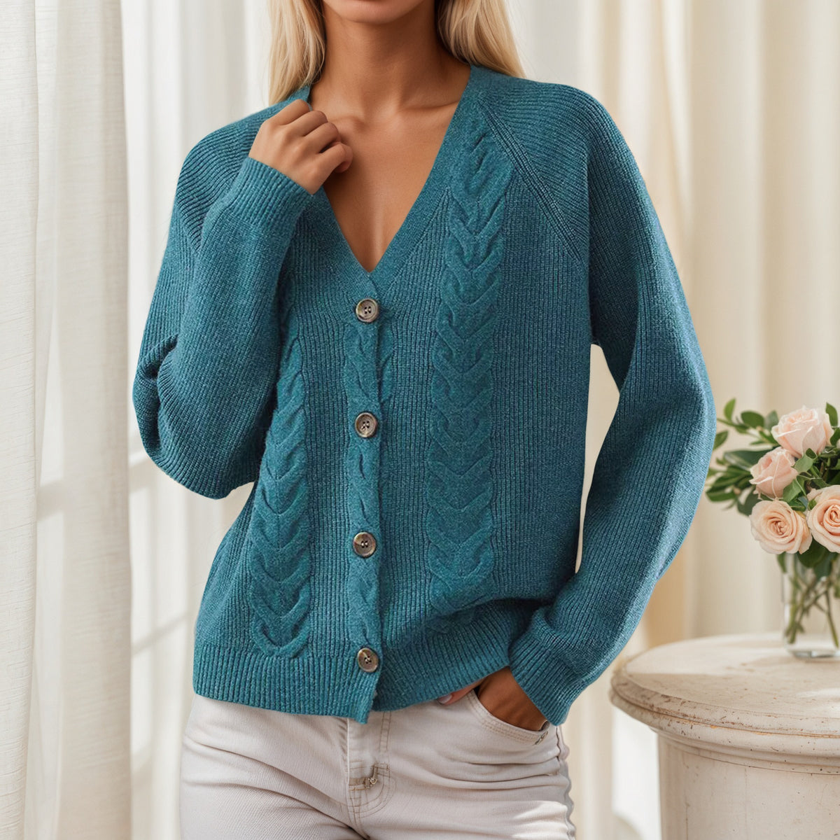 Gilet en Maille Torsadée à Col V Boutonné
