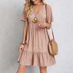 Robe Courte à Col V et Volants Fluide Décontractée
