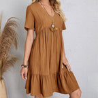 Robe Courte à Col V et Volants Fluide Décontractée