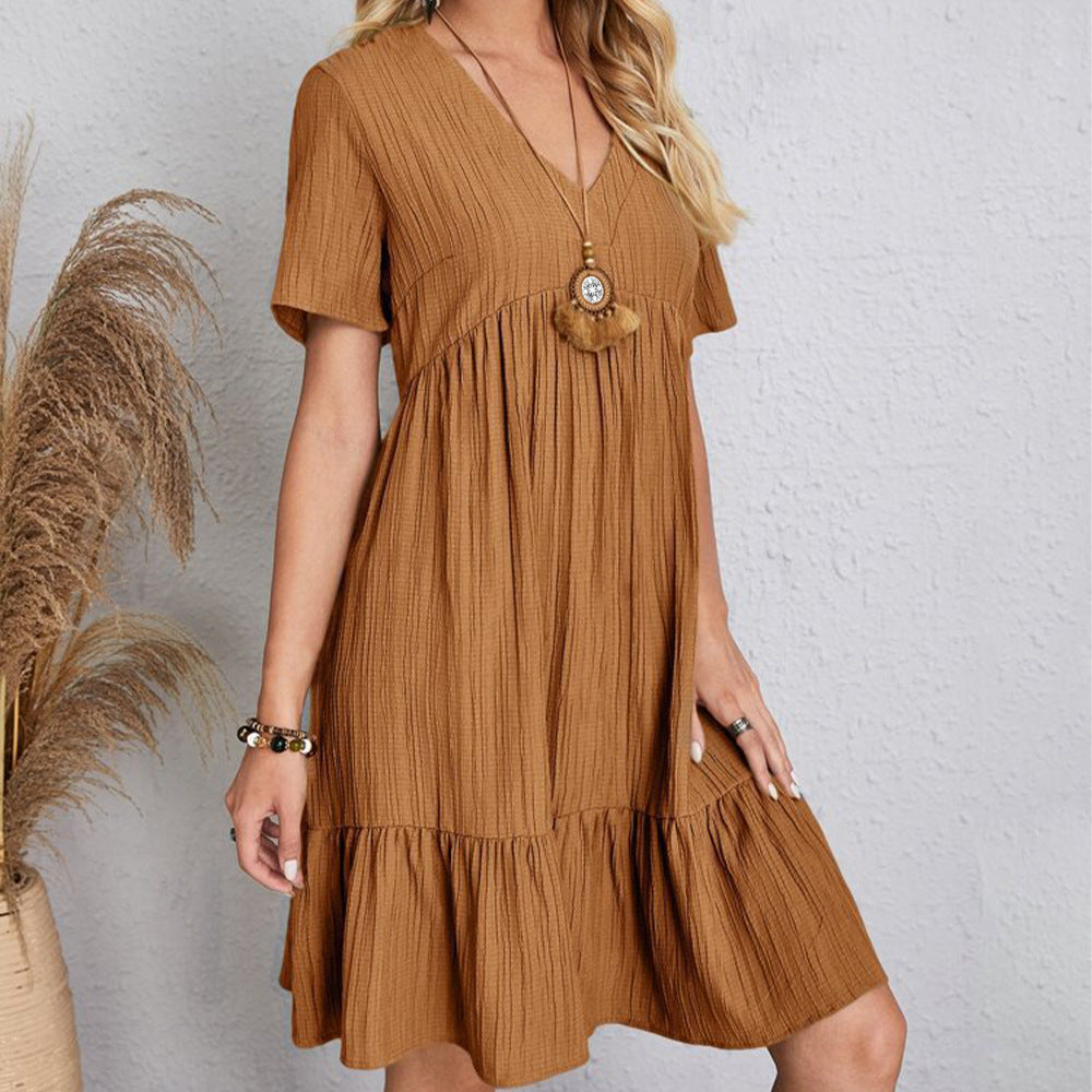 Robe Courte à Col V et Volants Fluide Décontractée