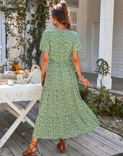 Robe Longue Fleurie à Manches Volantées