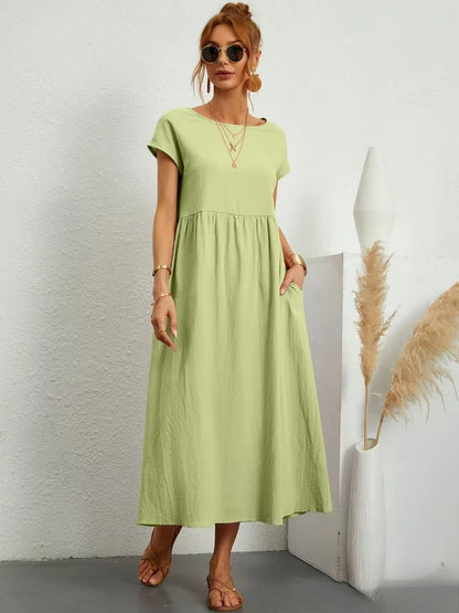 Robe Midi en Coton et Lin Fluide Empire