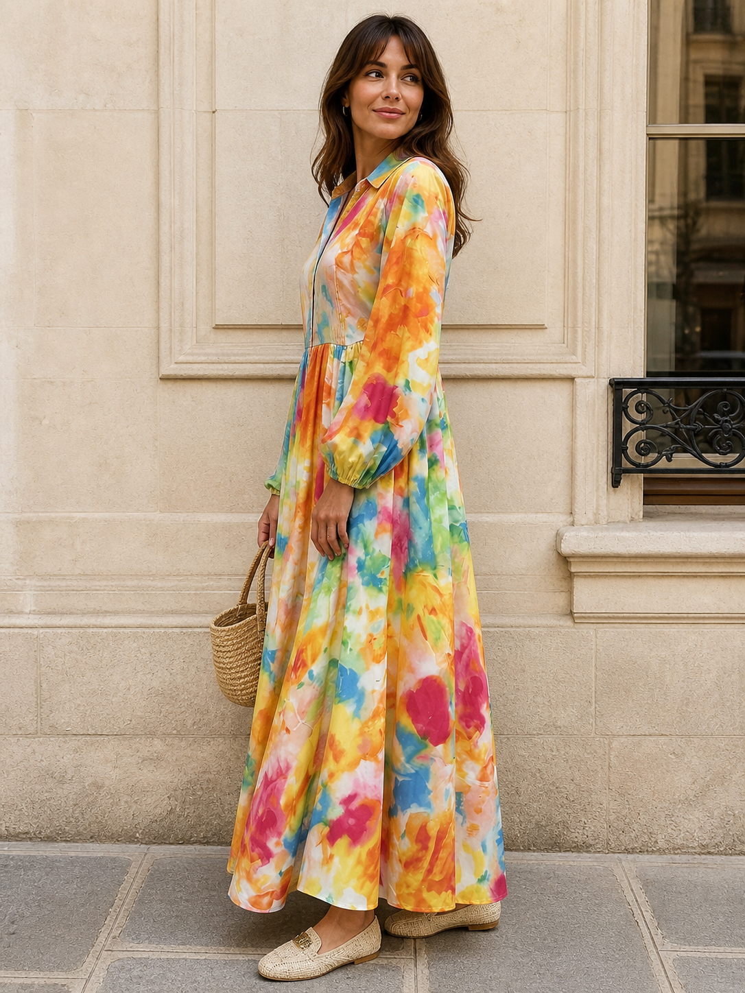 Robe Chemise Longue à Imprimé Floral Manches Bouffantes