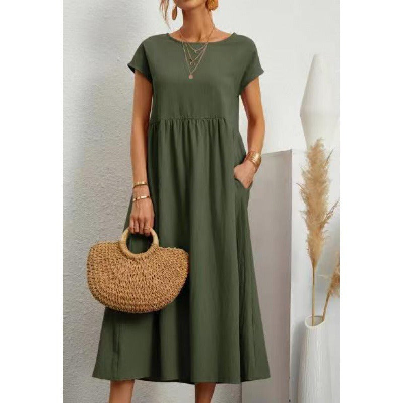 Robe Midi en Coton et Lin Fluide Empire