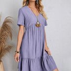 Robe Courte à Col V et Volants Fluide Décontractée