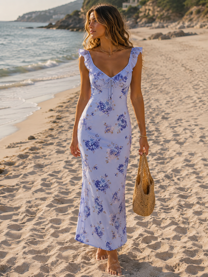 Robe Longue Fleurie à Volants Silhouette Fluide
