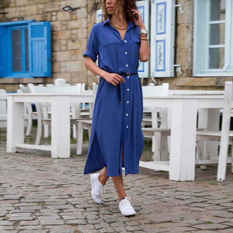 Robe Chemise Midi à Boutons Col Classique