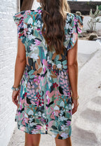 Robe Courte Fleurie Rose à Col Montant Manches Volantées