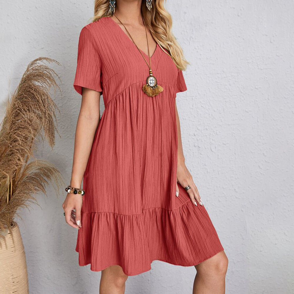 Robe Courte à Col V et Volants Fluide Décontractée