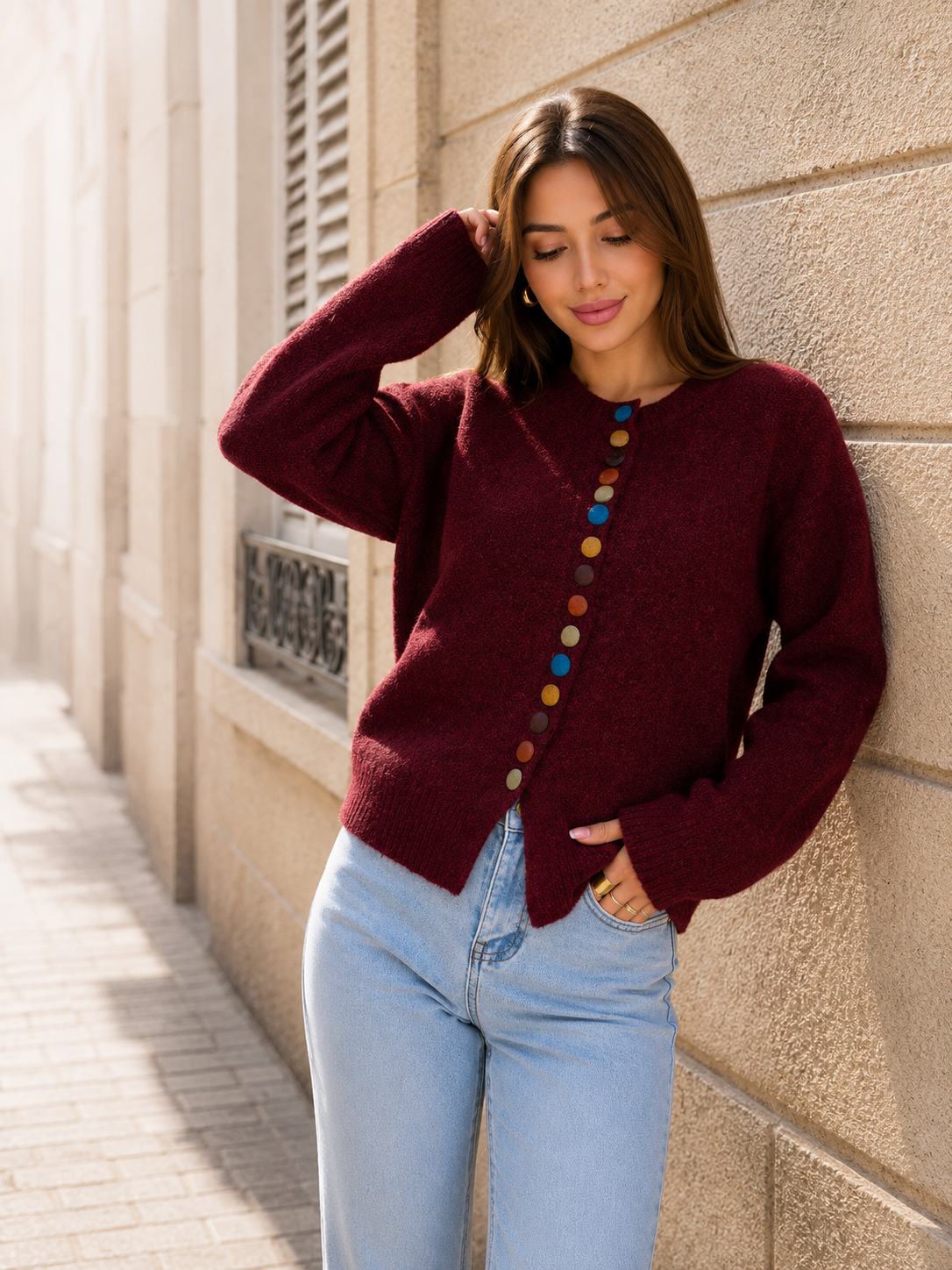 Cardigan en Maille Douce à Boutons Colorés Col Rond