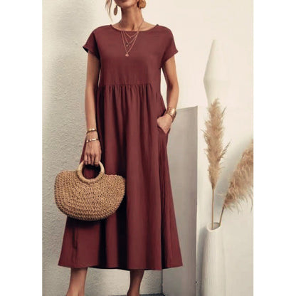 Robe Midi en Coton et Lin Fluide Empire
