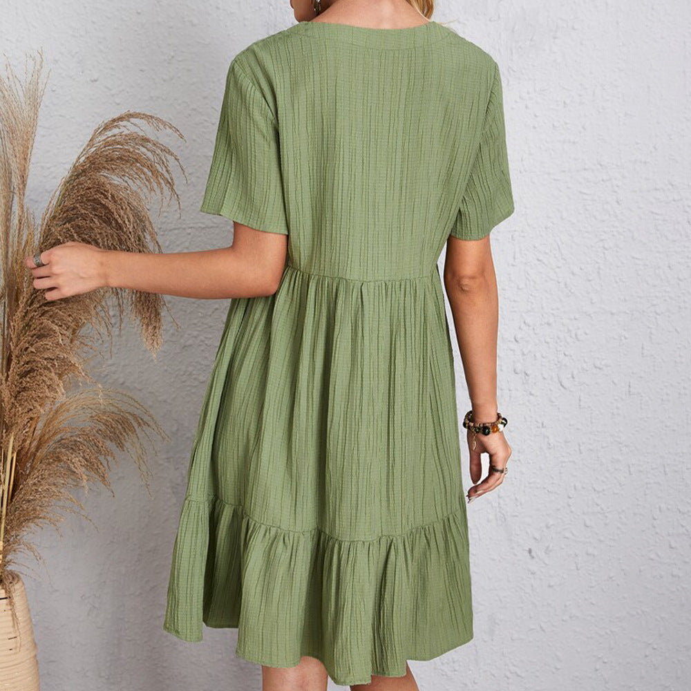 Robe Courte à Col V et Volants Fluide Décontractée