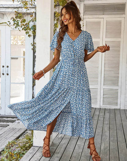Robe Longue Fleurie à Manches Volantées