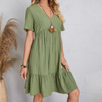 Robe Courte à Col V et Volants Fluide Décontractée