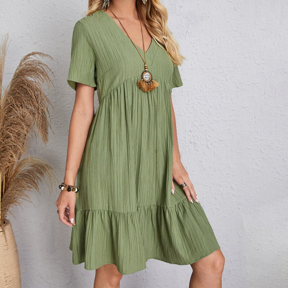 Robe Courte à Col V et Volants Fluide Décontractée