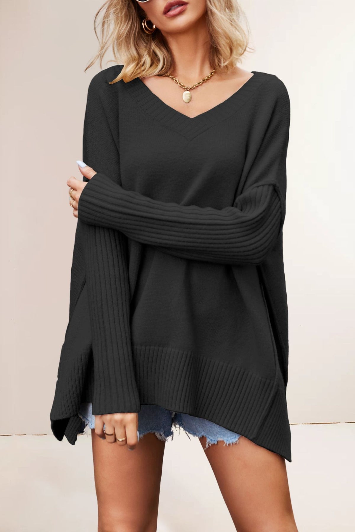 Pull Oversize en Maille à Col V – Manches Longues