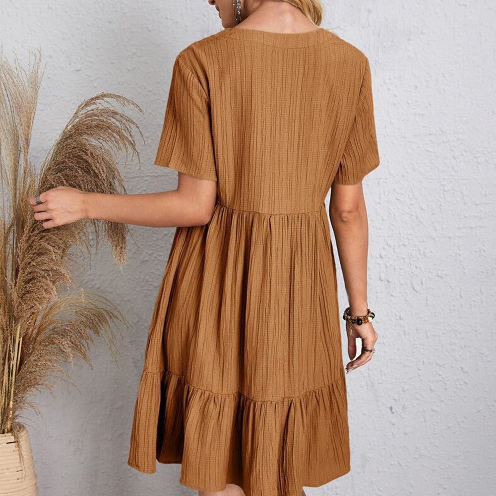 Robe Courte à Col V et Volants Fluide Décontractée