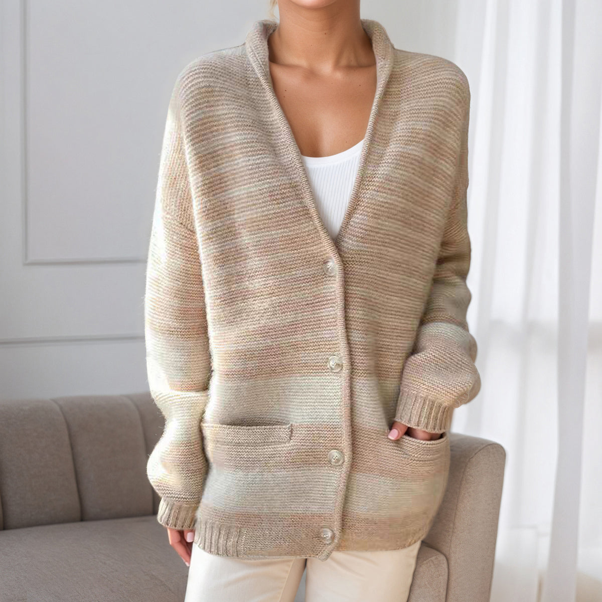Pull Femme à Col V Color Block Manches Longues