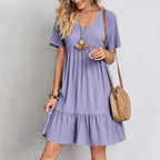 Robe Courte à Col V et Volants Fluide Décontractée