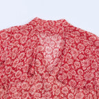 Robe Midi Fleurie Rouge à Col Noué Manches Volantées