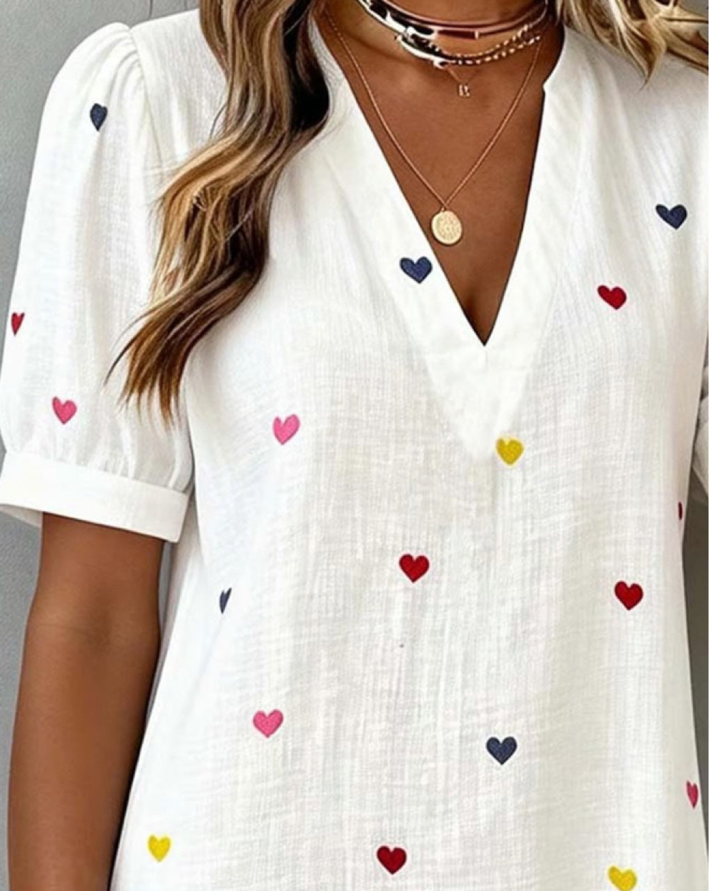 Robe Brodée à Col V Manches Courtes Bouffantes