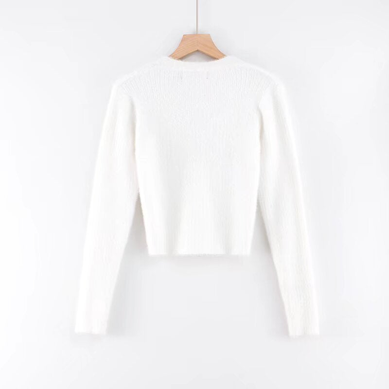 Gilet Court en Maille Douce et Duveteuse Col V et Manches Longues