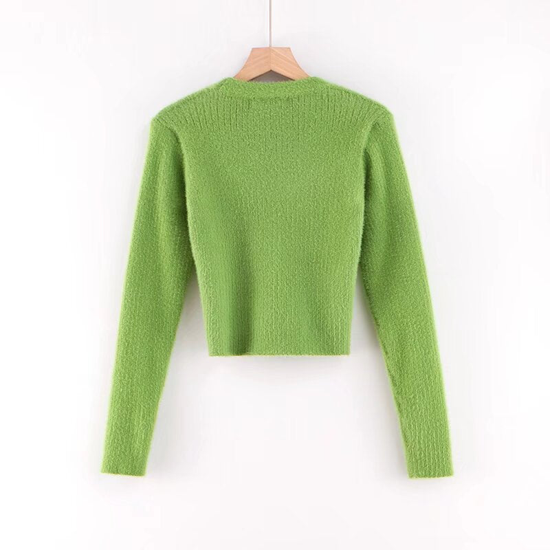 Gilet Court en Maille Douce et Duveteuse Col V et Manches Longues