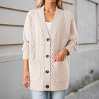 Gilet Oversize en Maille Torsadée Col V, Boutons et Poches