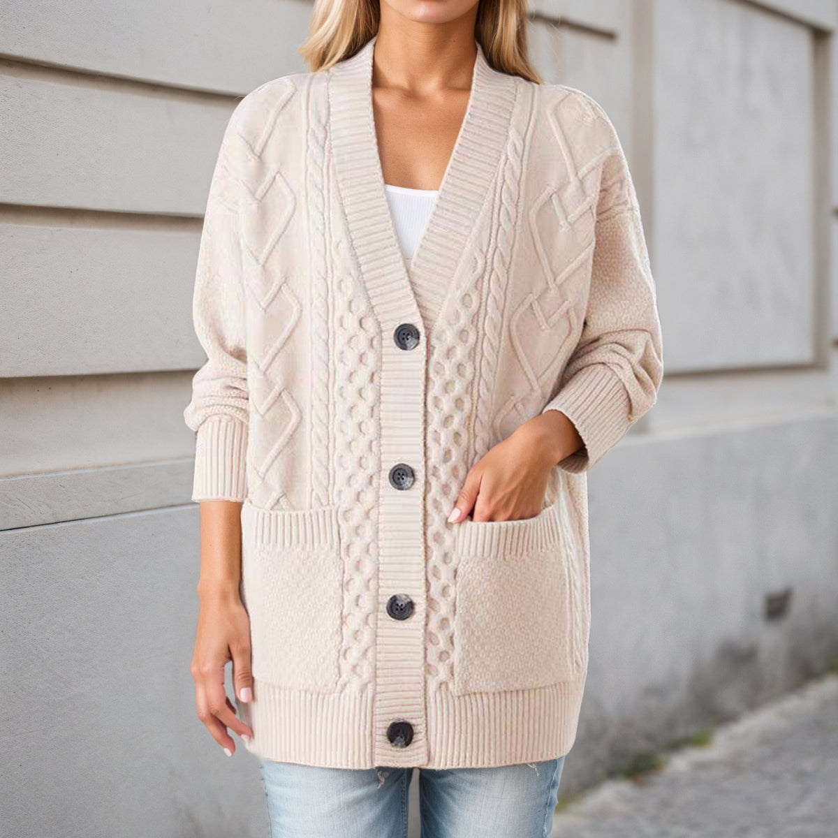 Gilet Oversize en Maille Torsadée Col V, Boutons et Poches