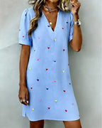 Robe Brodée à Col V Manches Courtes Bouffantes