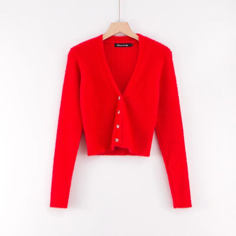 Gilet Court en Maille Douce et Duveteuse Col V et Manches Longues