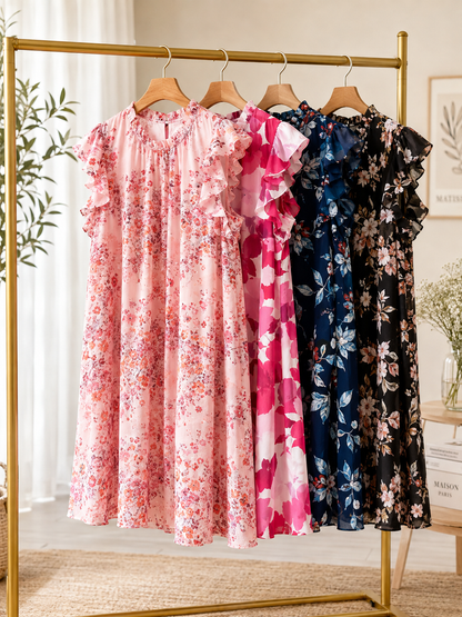 Robe Courte Fleurie Rose à Col Montant Manches Volantées