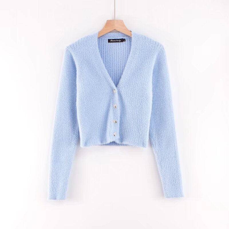 Gilet Court en Maille Douce et Duveteuse Col V et Manches Longues