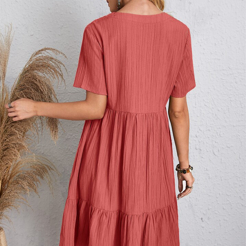 Robe Courte à Col V et Volants Fluide Décontractée