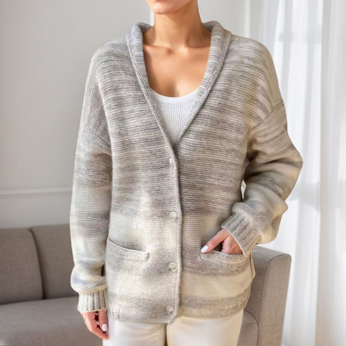 Pull Femme à Col V Color Block Manches Longues