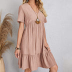 Robe Courte à Col V et Volants Fluide Décontractée